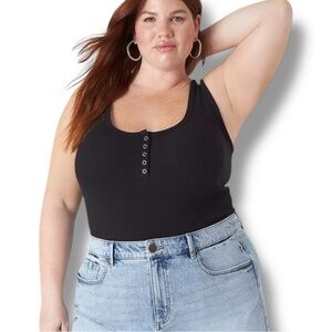 LANE BRYANT Scoop-Neck Henley Tank with Snaps - 18/20 Black